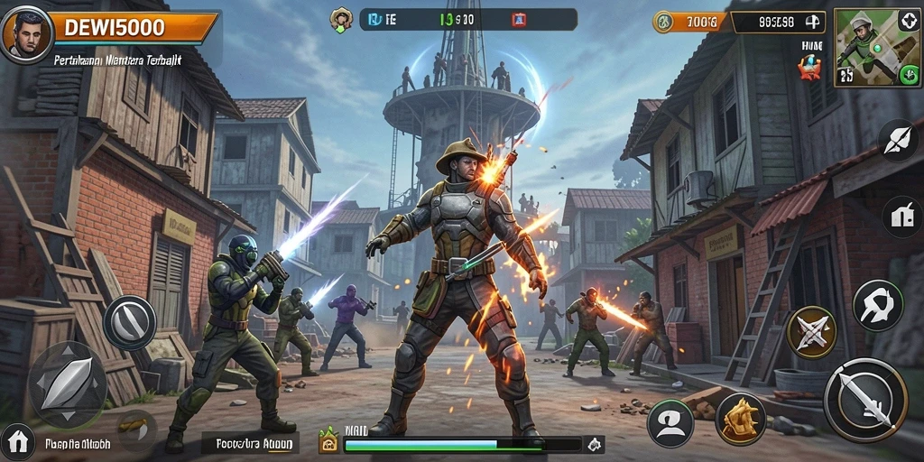 Tampilan gameplay seru dalam DEWI5000 saat melawan musuh di menara pertahanan.
