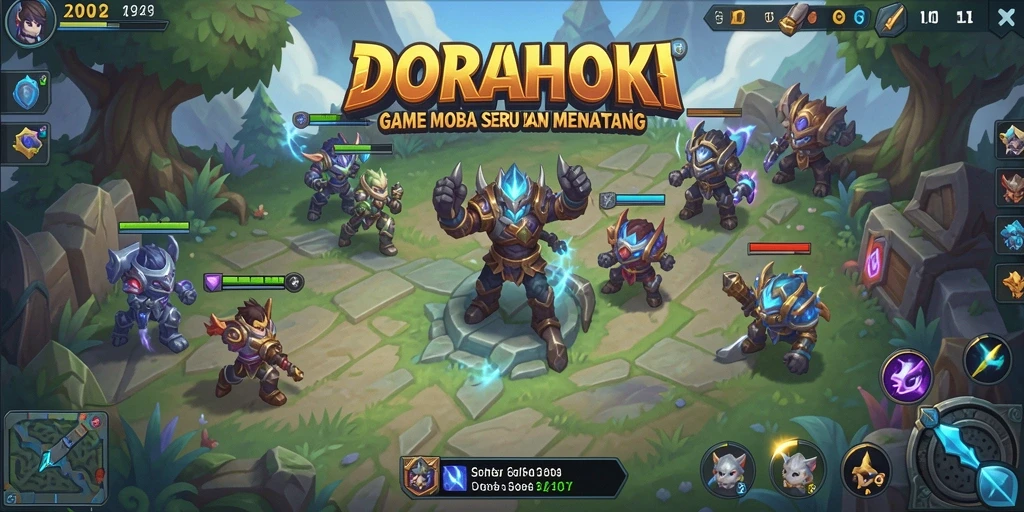 Tampilan gameplay seru DORAHOKI di arena pertempuran.