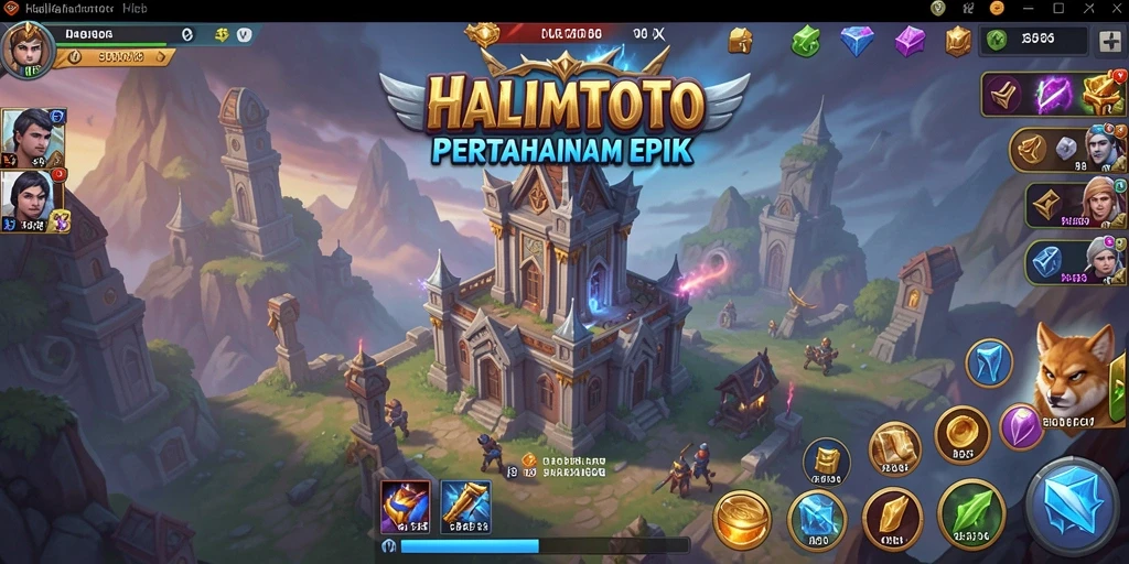 Tangkapan layar gameplay HALIMTOTO dengan menara pertahanan yang megah.