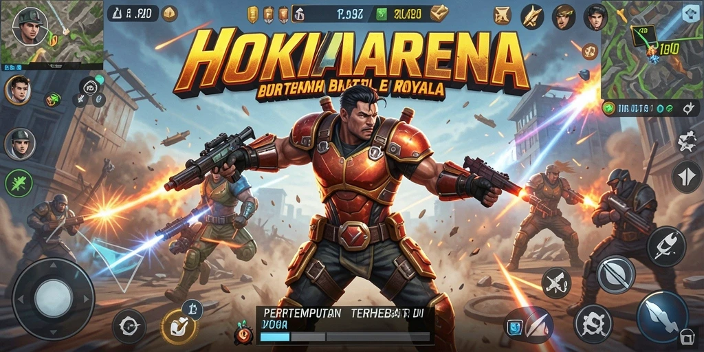 Screenshot menampilkan aksi seru di HOKIARENA saat pemain bertempur di pulau.