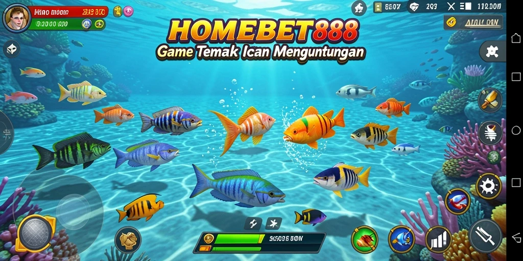 Screenshot gameplay HOMEBET88 menunjukkan keseruan menembak ikan.