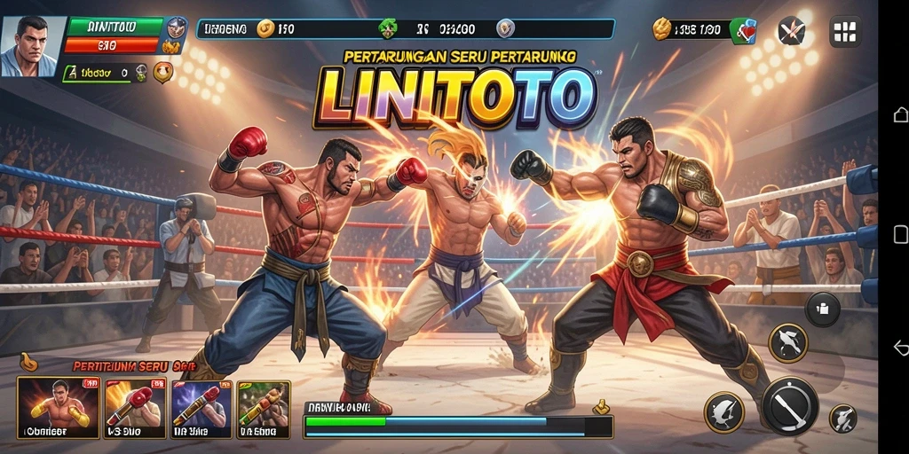 Tangkapan layar gameplay LINITOTO menampilkan pertarungan seru dengan karakter unik.