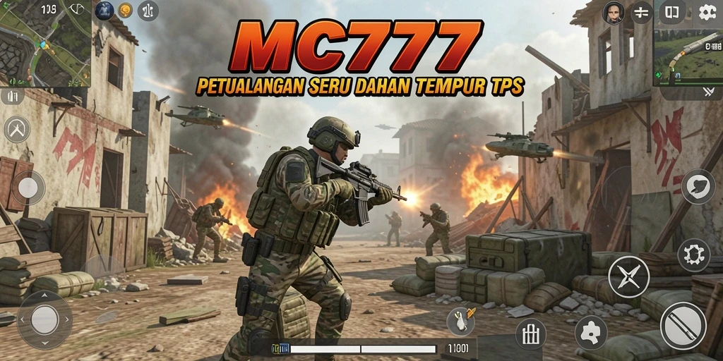 Screenshot utama MC777 menampilkan aksi pertempuran seru dalam mode TPS.