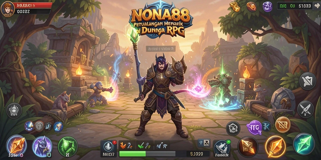 Tampilan gameplay NONA88 dengan karakter, monster, dan pertarungan RPG yang seru.